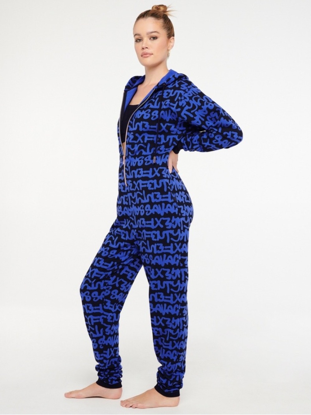 Savage Fenty Forever Savage Hooded Graffiti Onesie Blue Size Small NWT